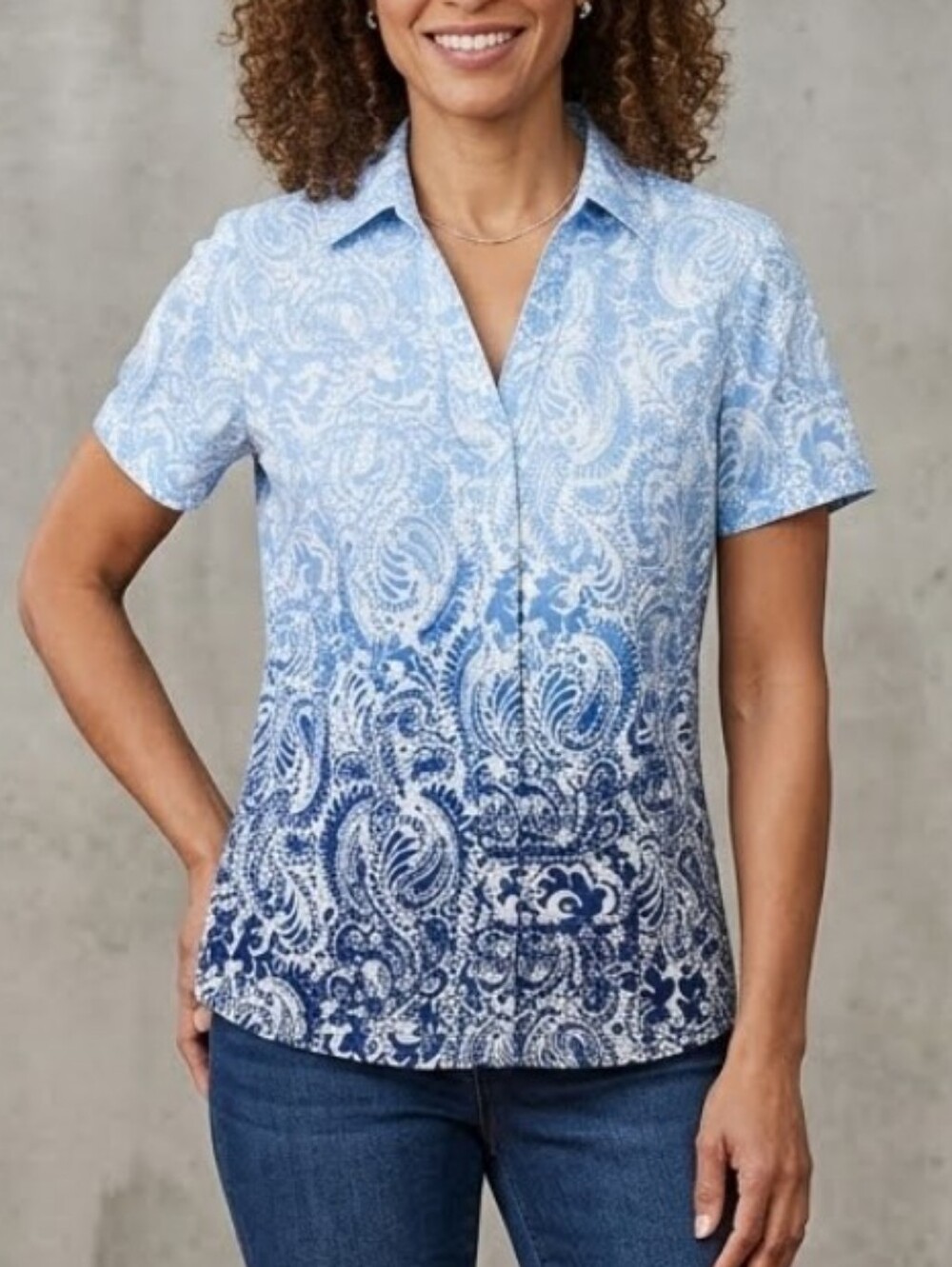 Karen Scott Ombre Print V Neck Short Sleeve Button Down Shirt Top